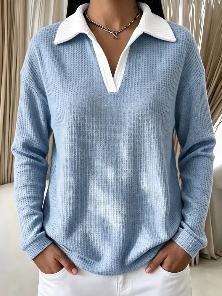 New Arrivals🔥Women's Contrast-Collar Waffle Long-Sleeve Pullover
