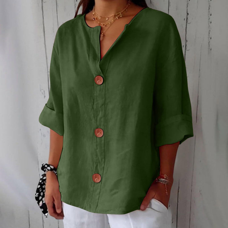 Cotton linen V-neck buttoned top for women