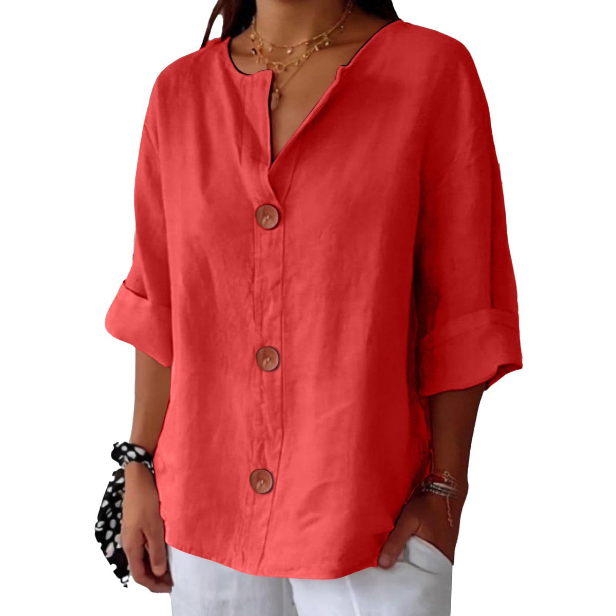 Cotton linen V-neck buttoned top for women