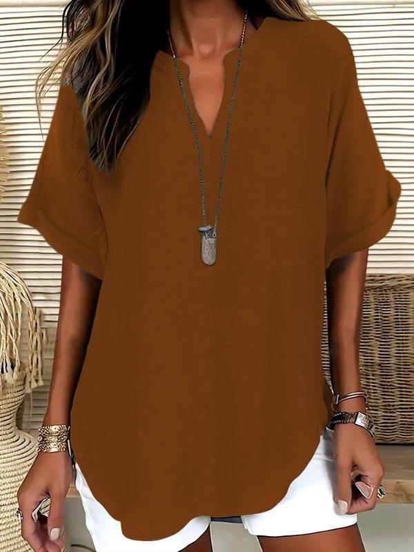🔥Simple short sleeve blouse for women, casual solid color top for everyday wear, women's clothing for all seasons
