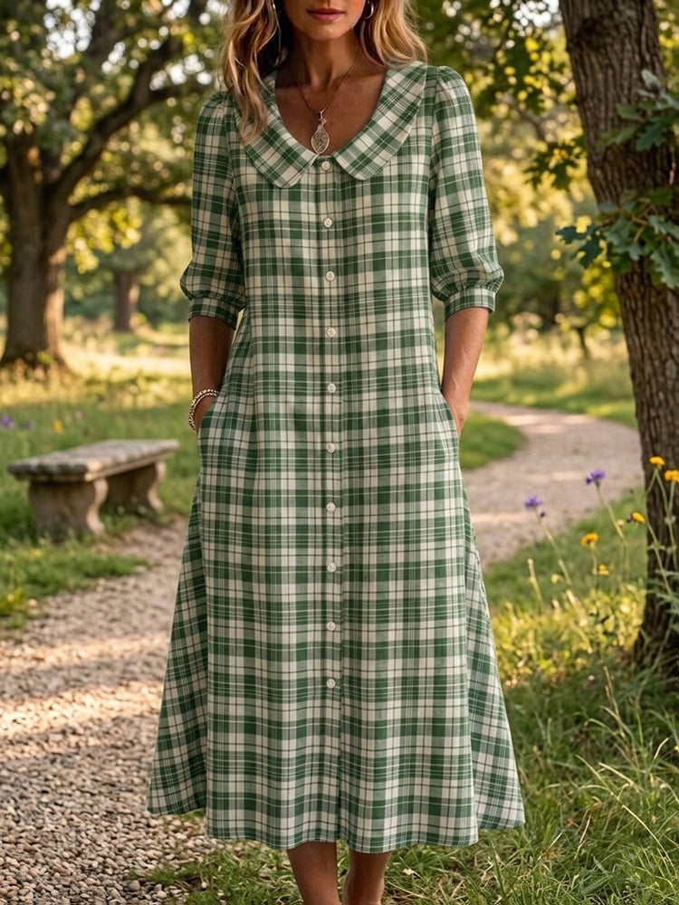 New Arrival🔥 Retro Peter Pan Collar Stripe Print Cotton Dress for Women