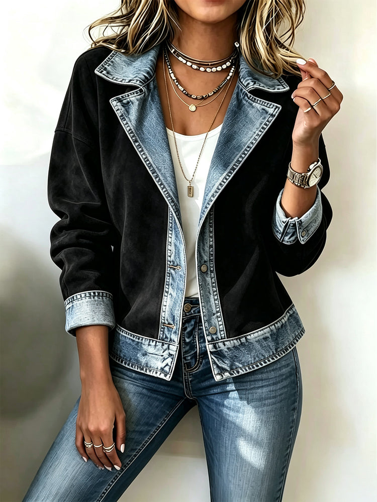 Women's Faux Suede & Denim Patchwork Jacket Button Front Lapel Casual Long Sleeve Coat
