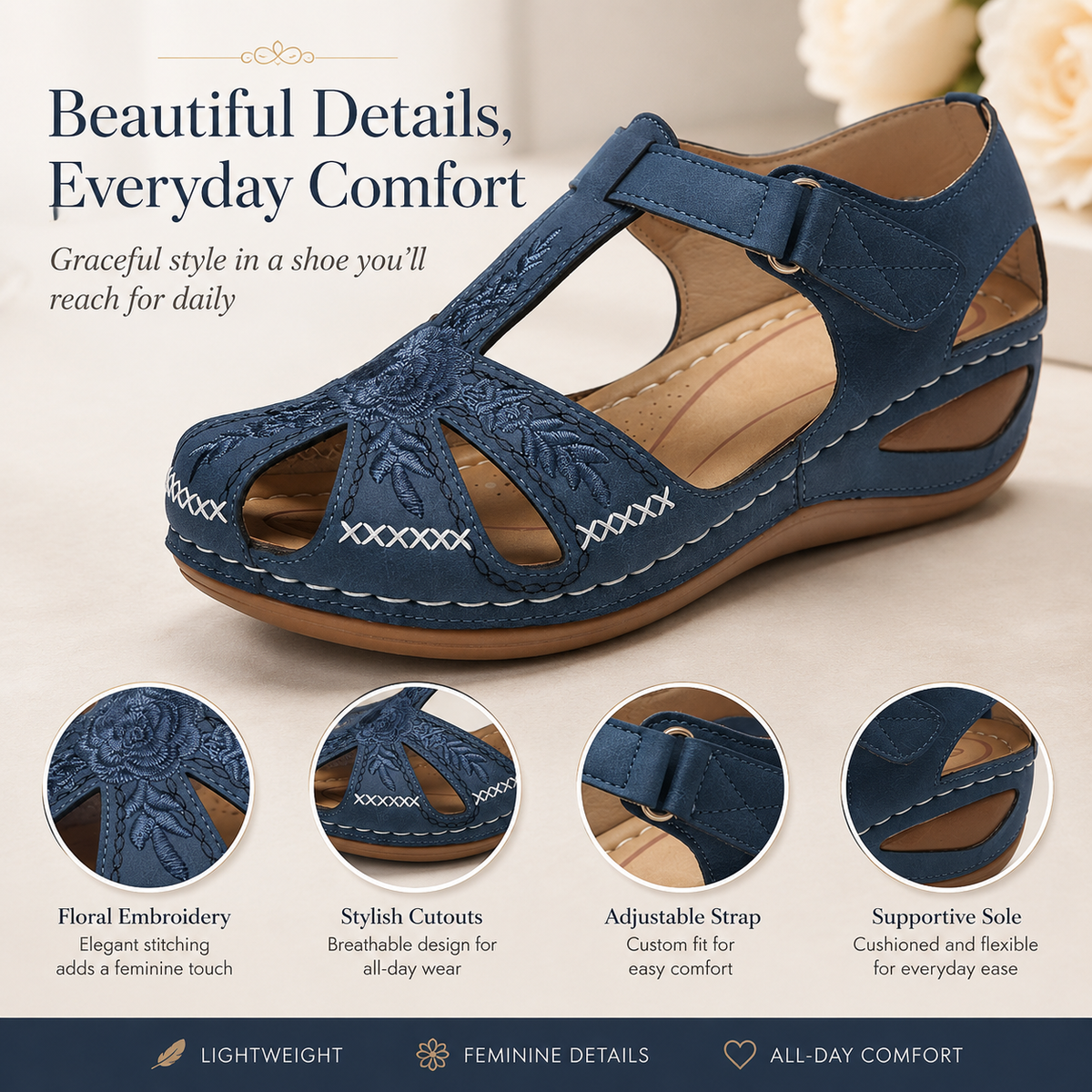 Women's Embroidered Neck Hiking Shoes - Comfortable Non-Slip Mary Jane Sandals for Everyday Wear