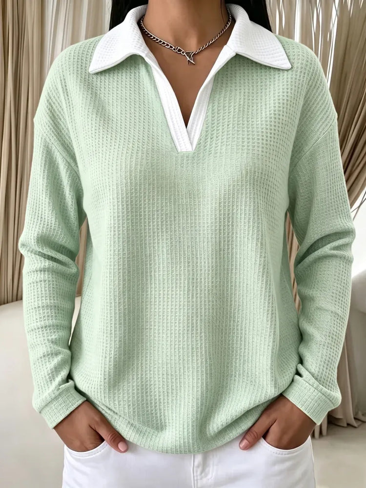 New Arrivals🔥Women's Contrast-Collar Waffle Long-Sleeve Pullover