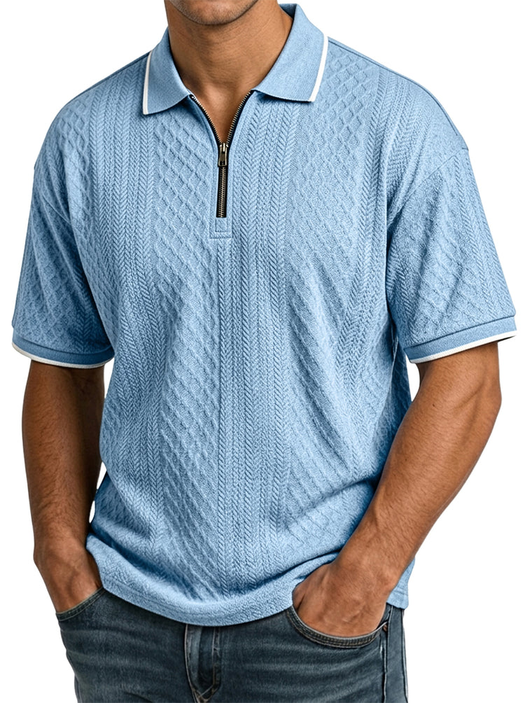 Men's casual, short-sleeved jacquard polo shirt with a structured collar and zip fastening - the comfortable polo shirt men wear again and again