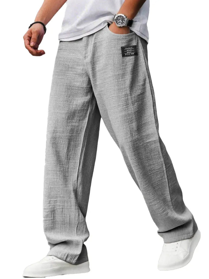 Men's casual hemp trousers with embroidered logo, drawstring, loose elastic waist and pockets
