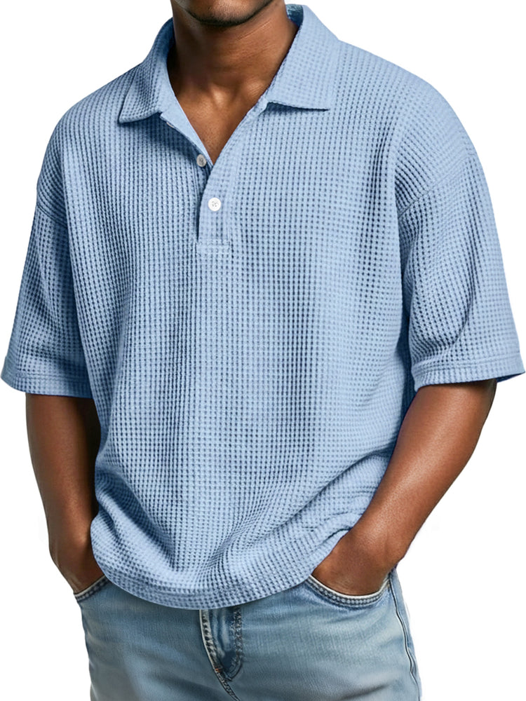 Men's casual short sleeve polo shirt with a simple waffle knit collar and buttons