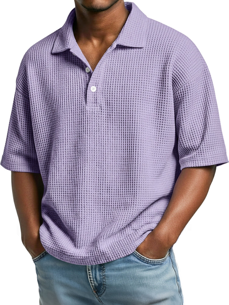 Men's casual short sleeve polo shirt with a simple waffle knit collar and buttons