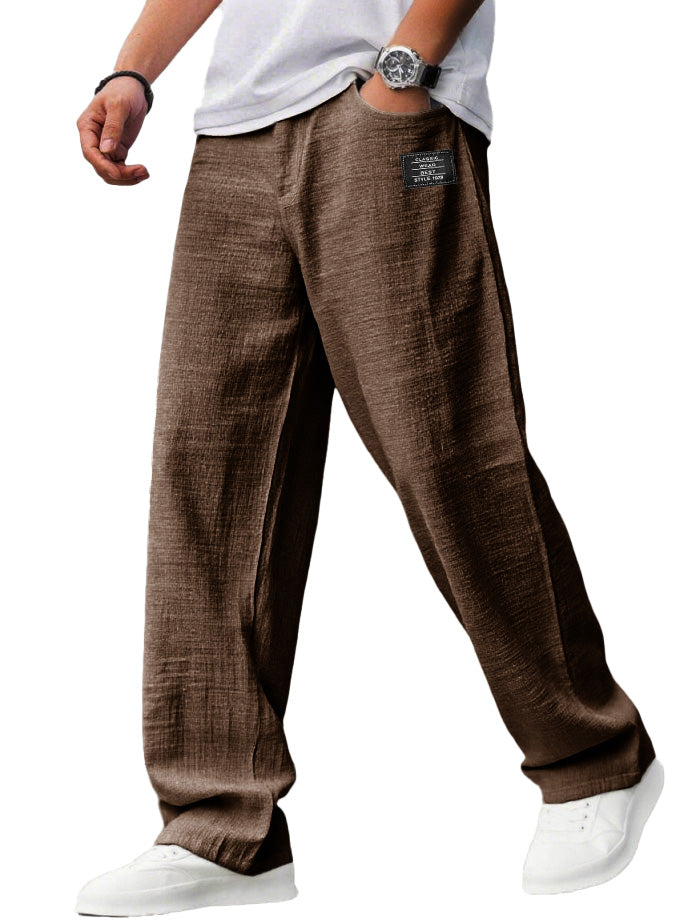 Men's casual hemp trousers with embroidered logo, drawstring, loose elastic waist and pockets