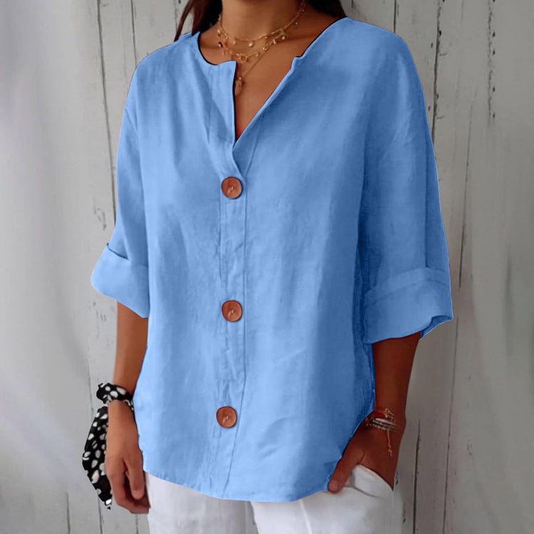 Cotton linen V-neck buttoned top for women