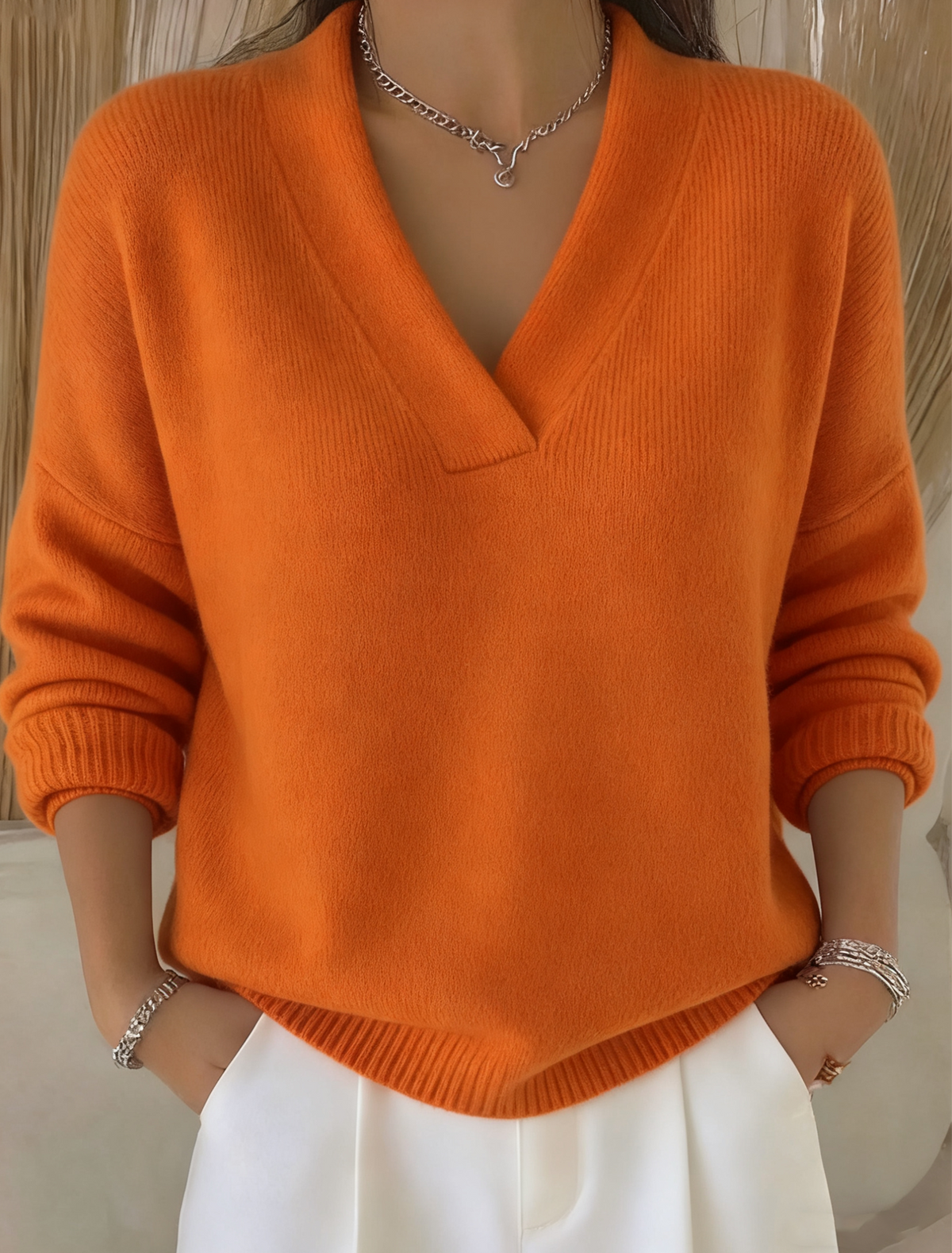 Casual solid color V-neck sweater top for women