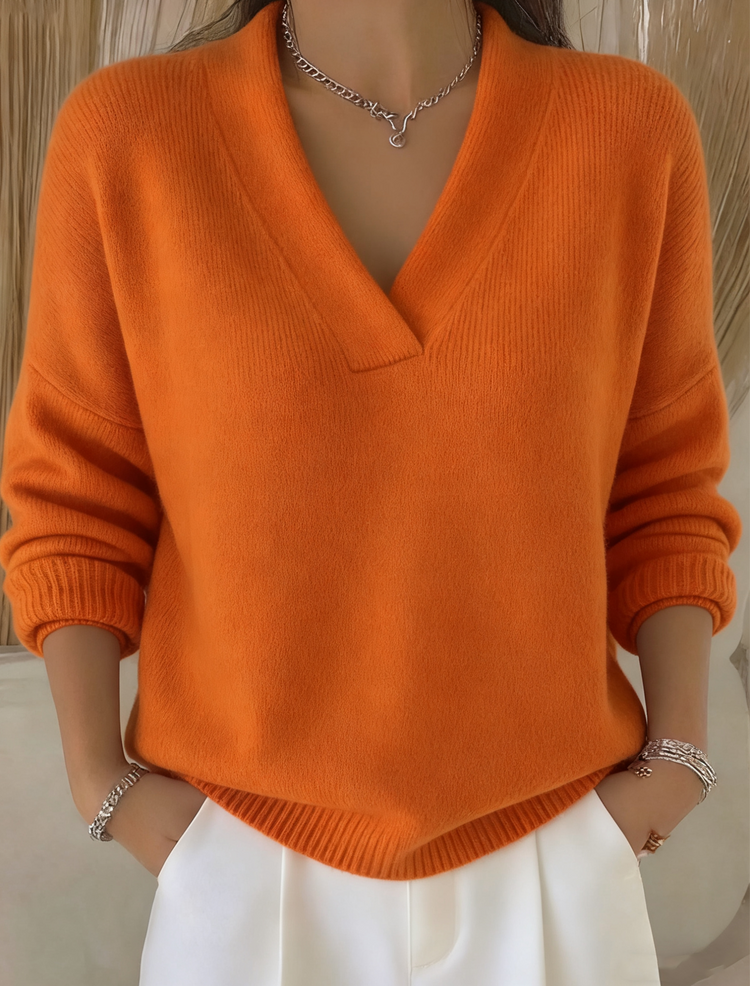 Casual solid color V-neck sweater top for women