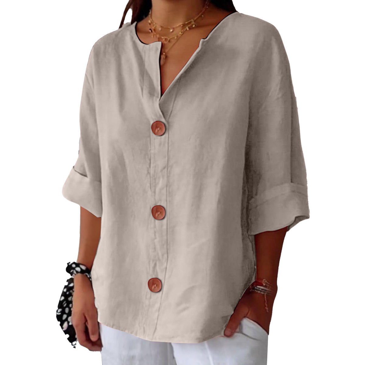 Cotton linen V-neck buttoned top for women
