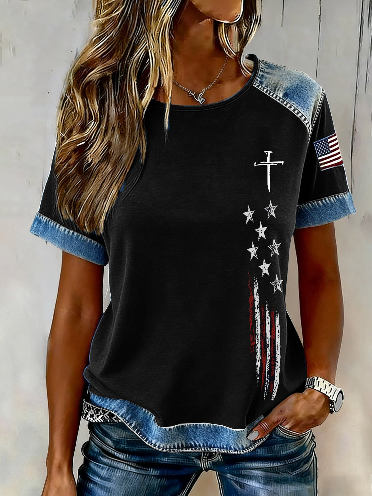 Casual women's T-shirt with a retro flag motif