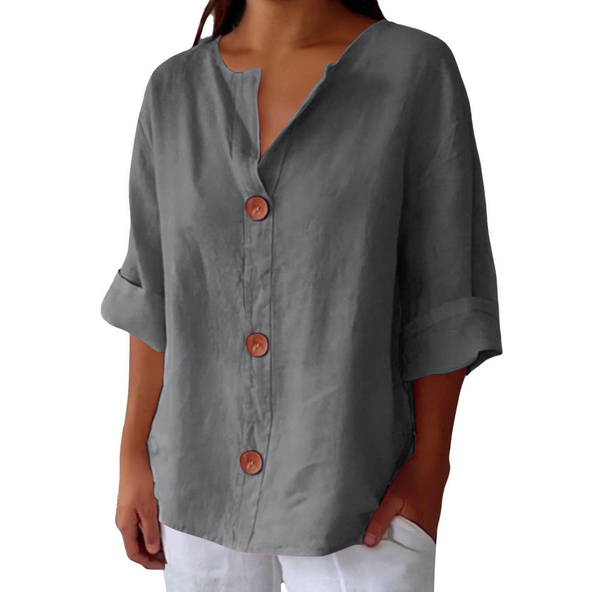 Cotton linen V-neck buttoned top for women