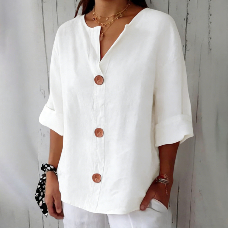 Cotton linen V-neck buttoned top for women