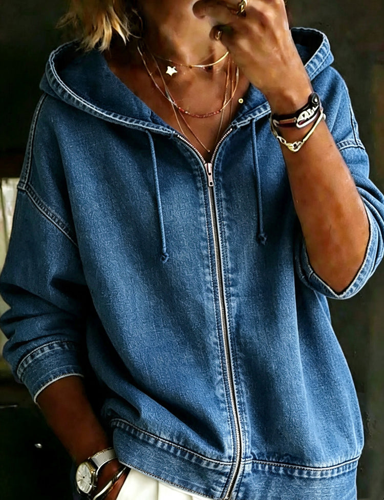 Casual long sleeve denim zip hooded coat for women