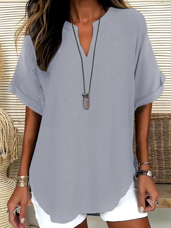 🔥Simple short sleeve blouse for women, casual solid color top for everyday wear, women's clothing for all seasons