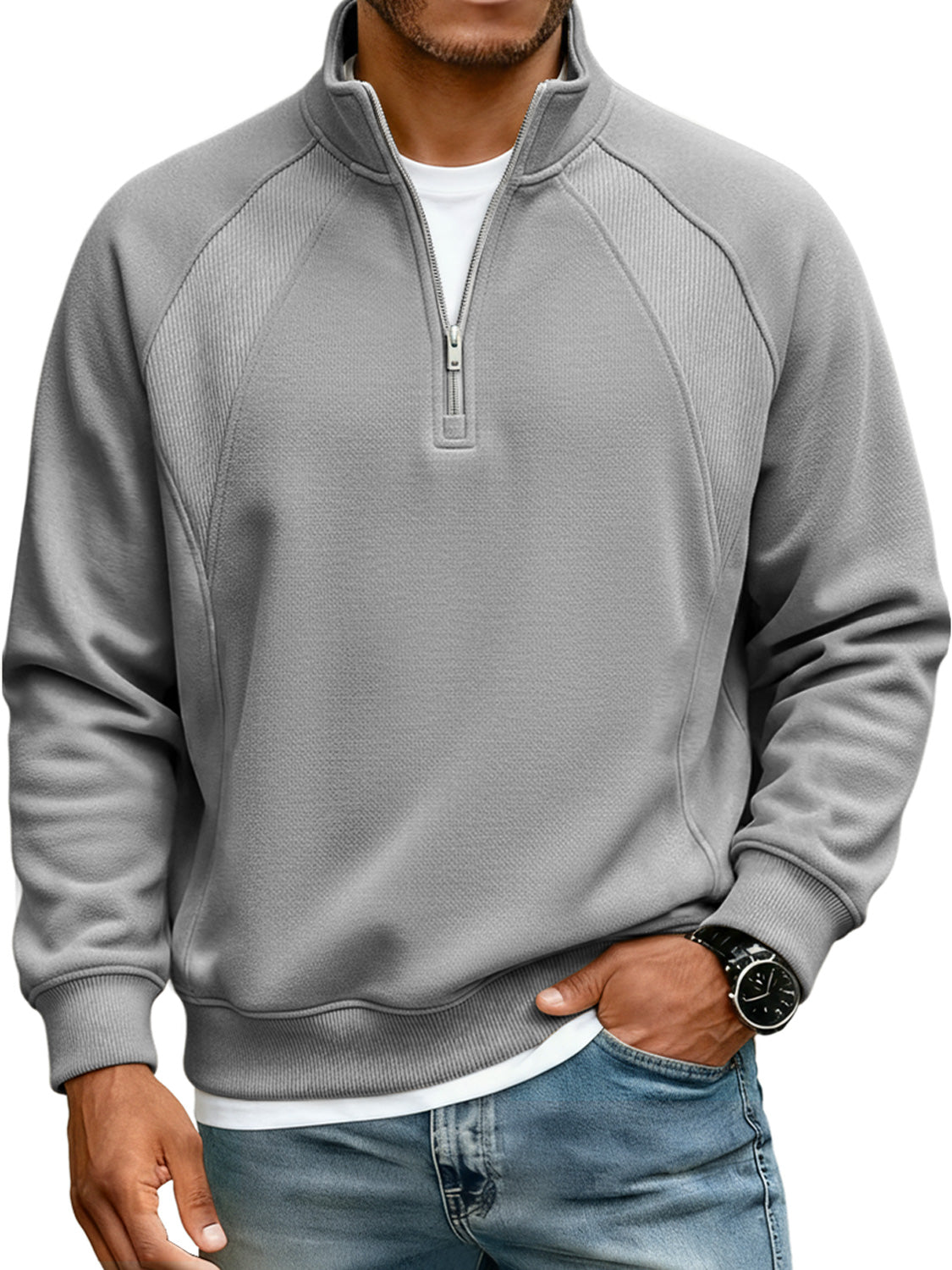 Men's Simple Raglan Stitching Stand Collar Zipper Casual Loose Sweatshirt