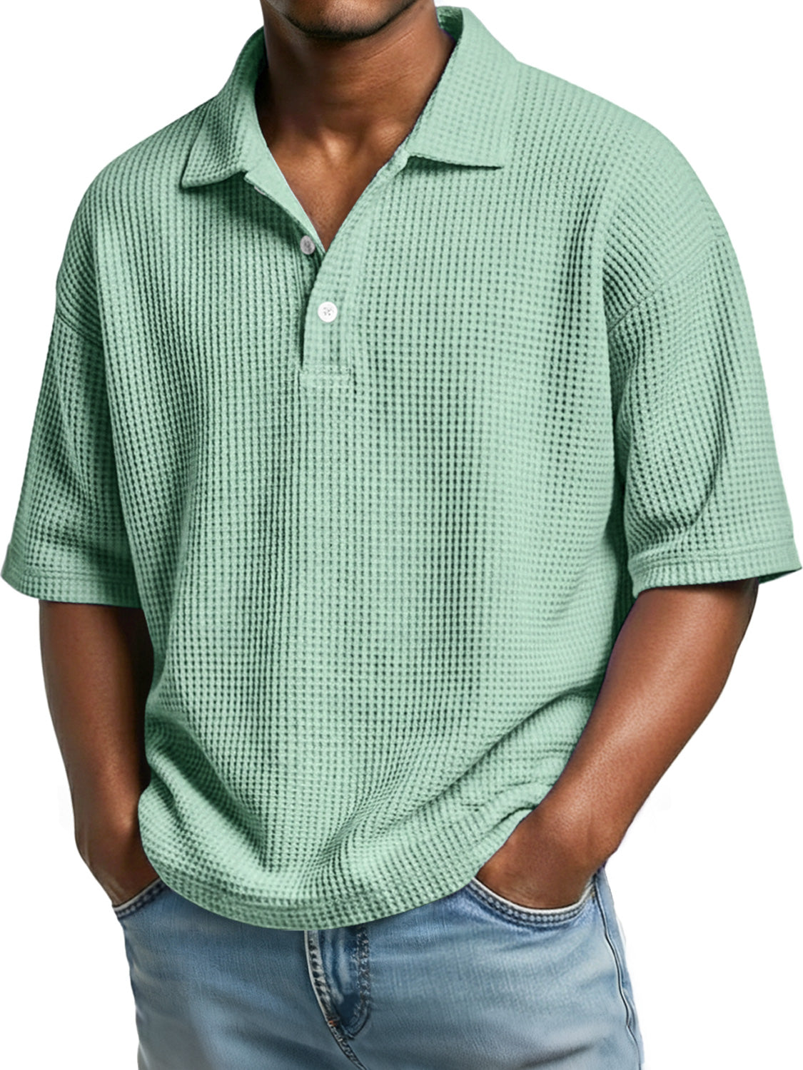Men's casual short sleeve polo shirt with a simple waffle knit collar and buttons