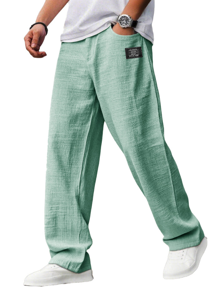 Men's casual hemp trousers with embroidered logo, drawstring, loose elastic waist and pockets