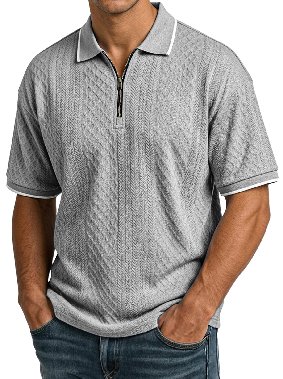 Men's casual, short-sleeved jacquard polo shirt with a structured collar and zip fastening - the comfortable polo shirt men wear again and again
