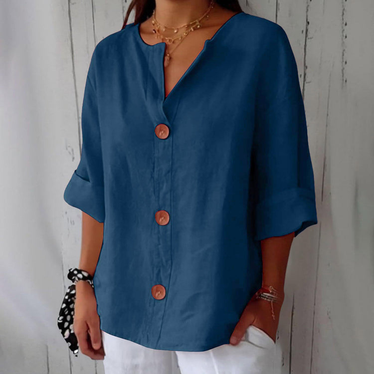 Cotton linen V-neck buttoned top for women