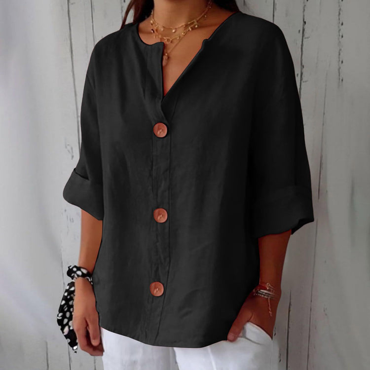 Cotton linen V-neck buttoned top for women
