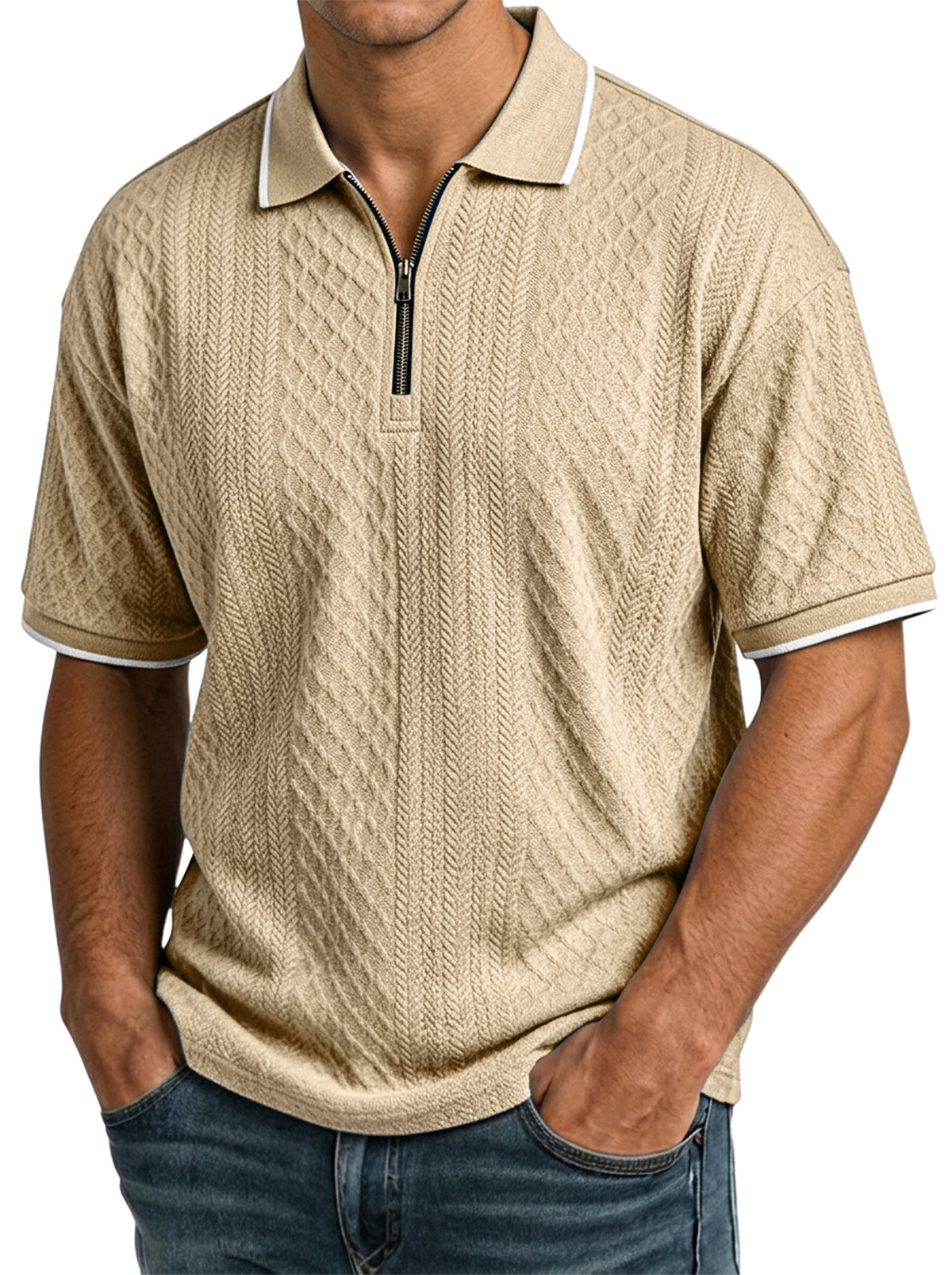 Men's casual, short-sleeved jacquard polo shirt with a structured collar and zip fastening - the comfortable polo shirt men wear again and again