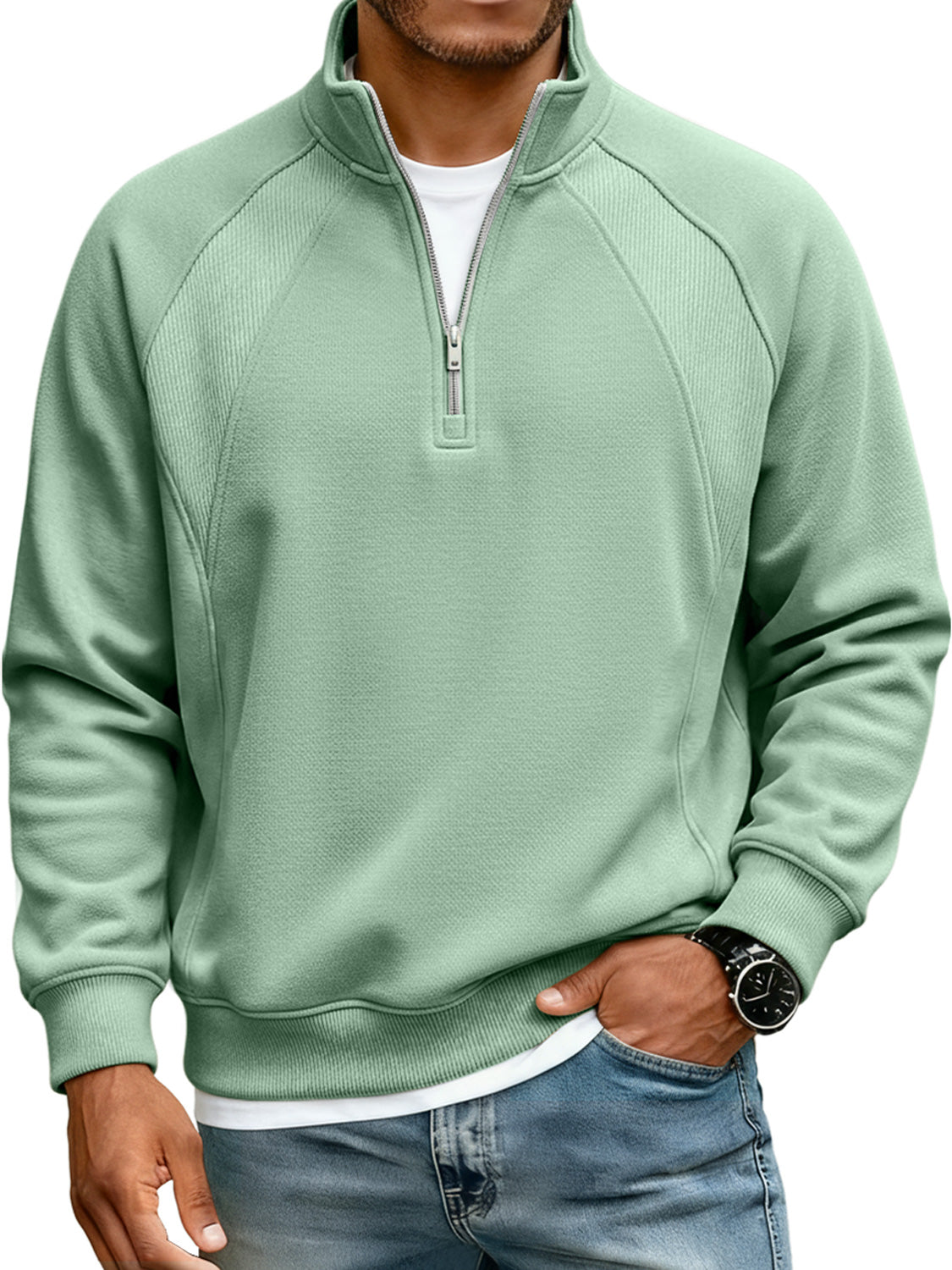 Men's Simple Raglan Stitching Stand Collar Zipper Casual Loose Sweatshirt