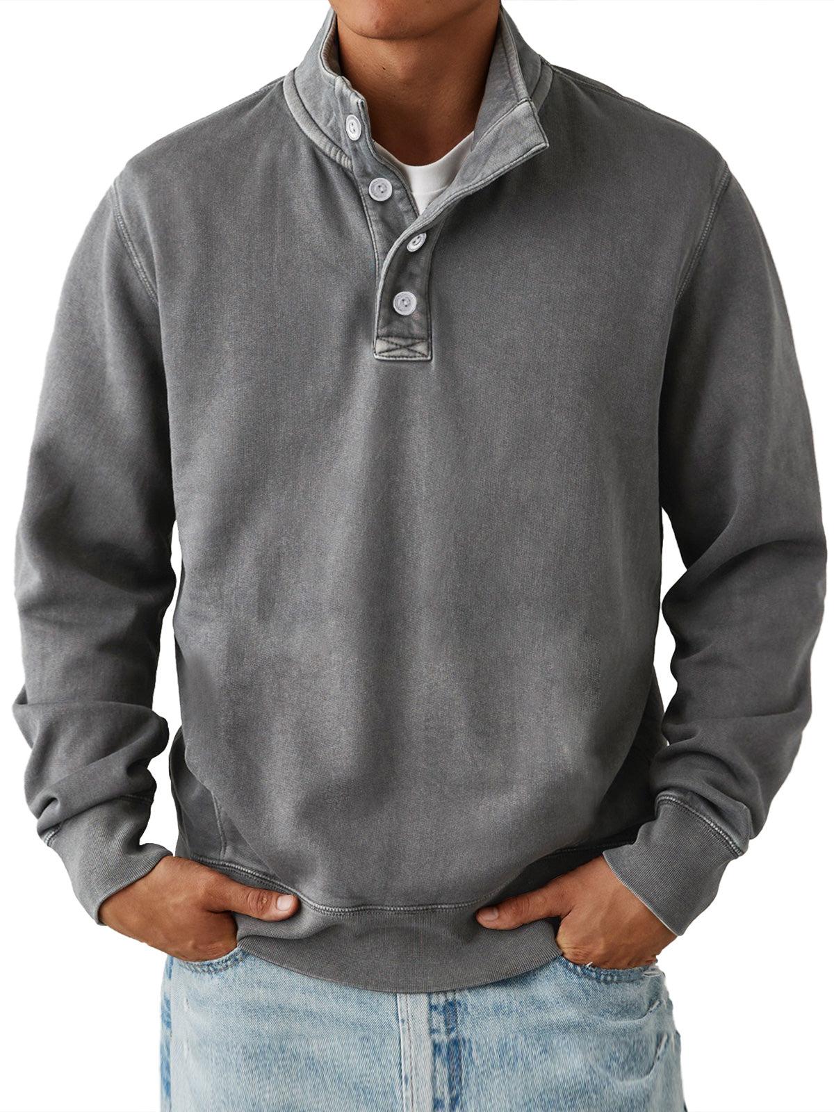 Men's Casual Stand Collar Button Solid Color Comfortable Sweatshirt