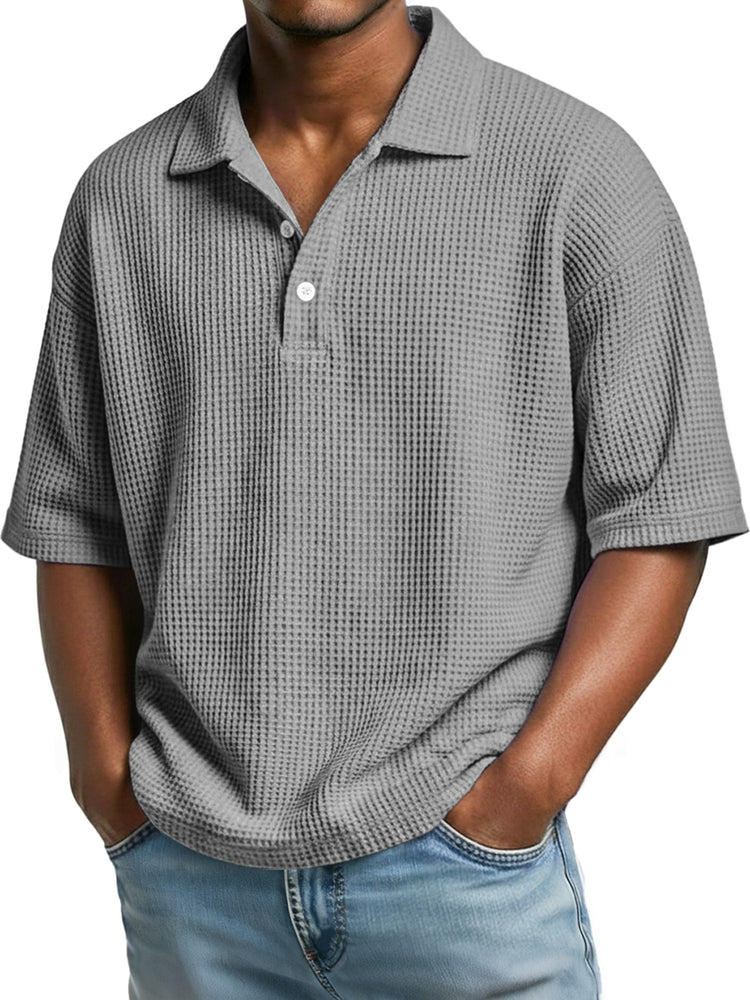 Men's casual short sleeve polo shirt with a simple waffle knit collar and buttons