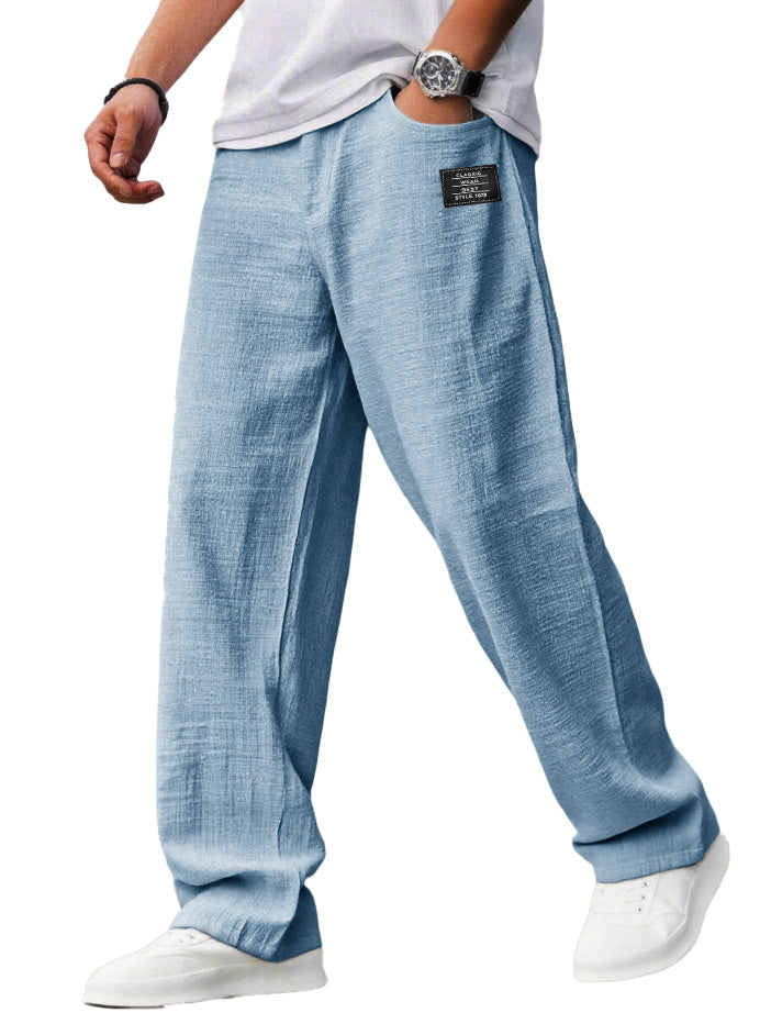 Men's casual hemp trousers with embroidered logo, drawstring, loose elastic waist and pockets