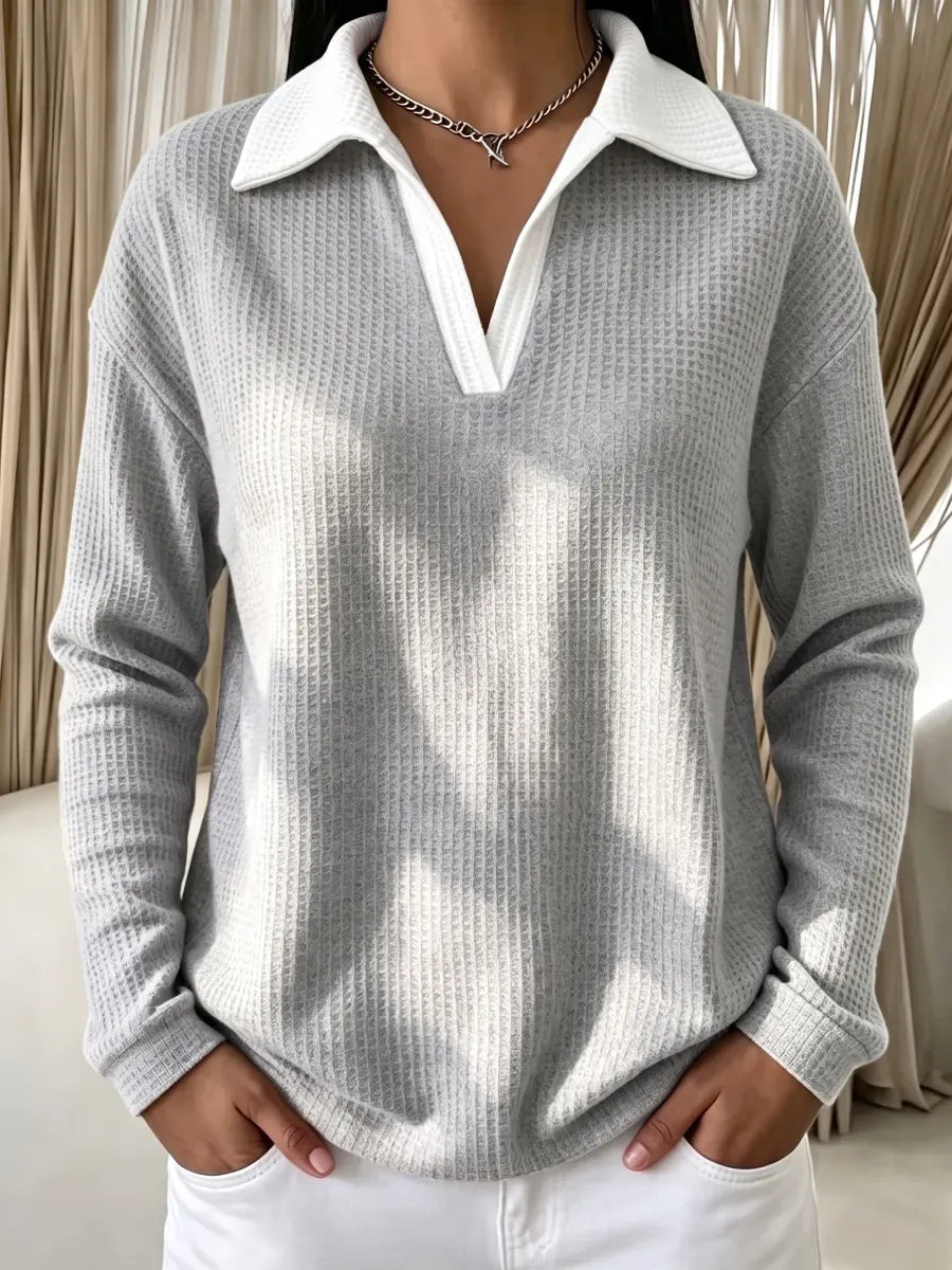 New Arrivals🔥Women's Contrast-Collar Waffle Long-Sleeve Pullover