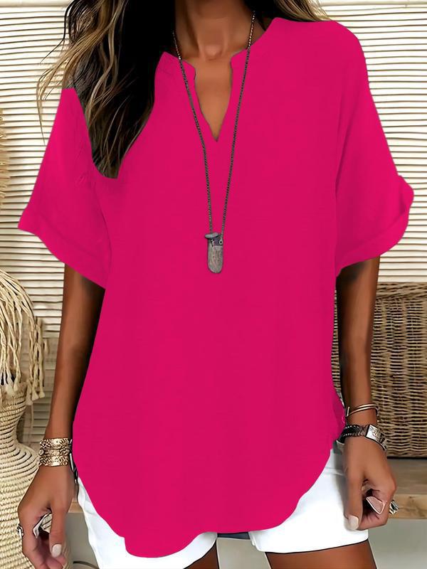 🔥Simple short sleeve blouse for women, casual solid color top for everyday wear, women's clothing for all seasons