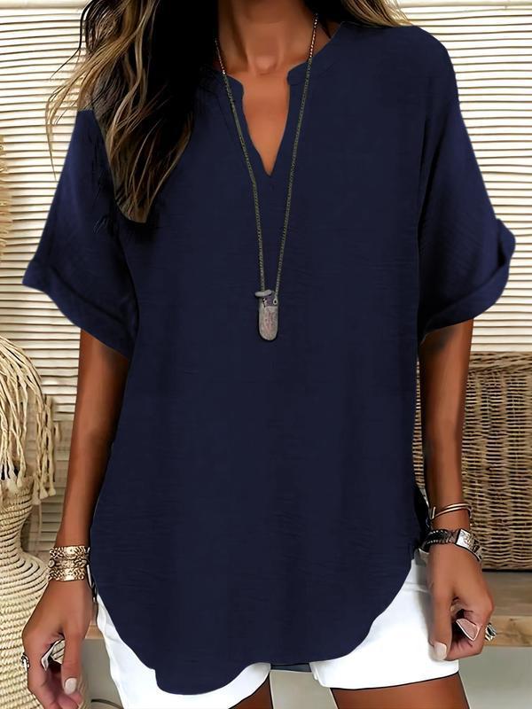 🔥Simple short sleeve blouse for women, casual solid color top for everyday wear, women's clothing for all seasons