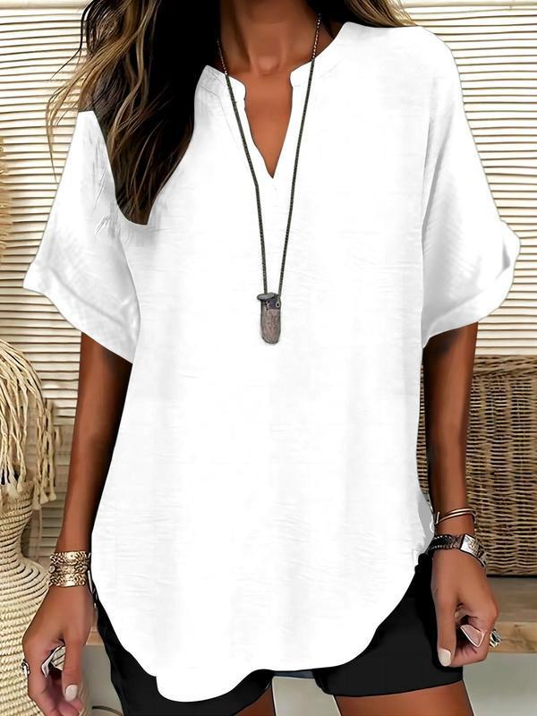 🔥Simple short sleeve blouse for women, casual solid color top for everyday wear, women's clothing for all seasons