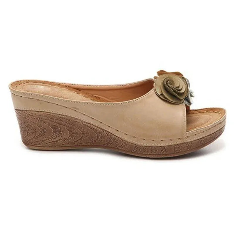⏰Last Day 70% OFF 🔥 Womens Comfy Leather Solid Flower Strap Wedge Sandals