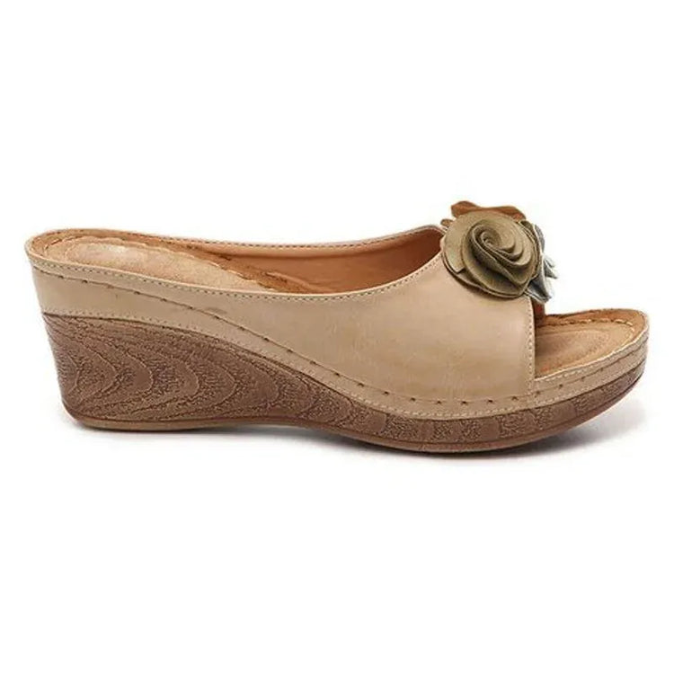 ⏰Last Day 70% OFF 🔥 Womens Comfy Leather Solid Flower Strap Wedge Sandals