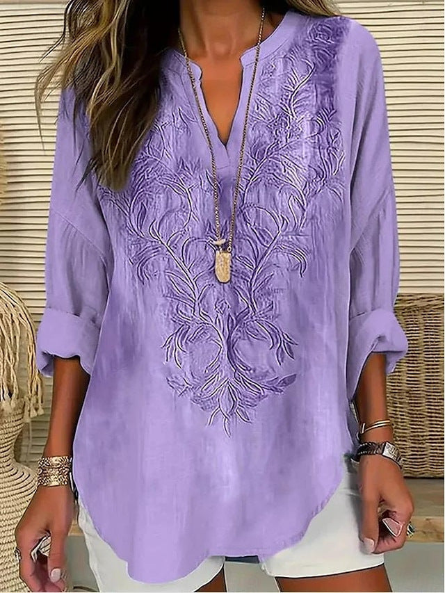 Summer Small V-neck Long-sleeved Floral Print Simple Casual Elegant T-shirt