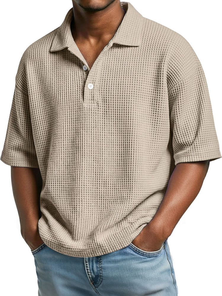 Men's casual short sleeve polo shirt with a simple waffle knit collar and buttons