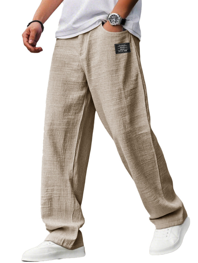 Men's casual hemp trousers with embroidered logo, drawstring, loose elastic waist and pockets