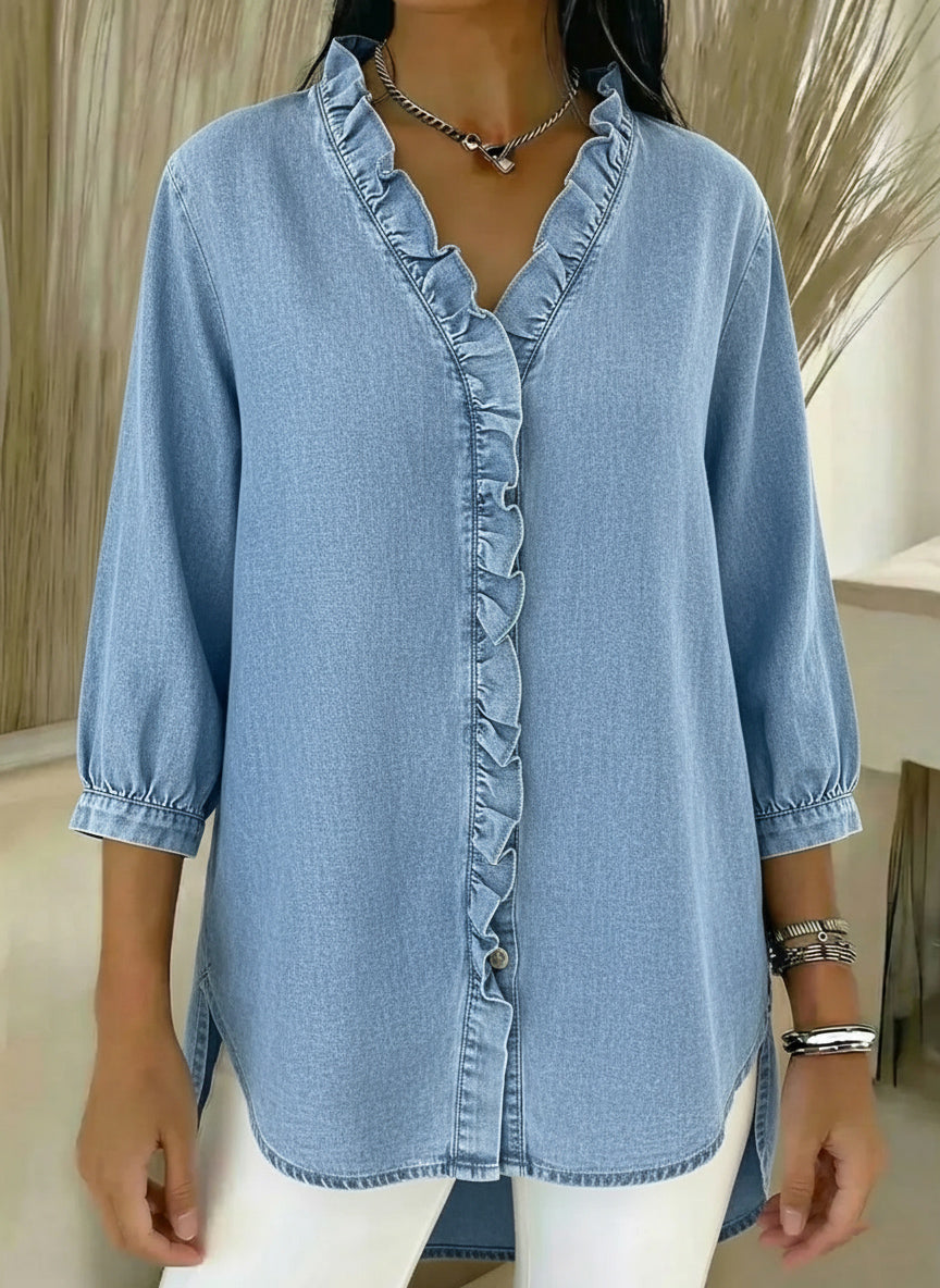 New arrival🔥 Casual denim ruffle V-neck shirt for women
