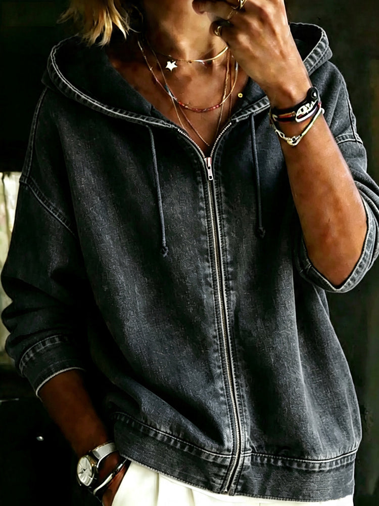 Casual long sleeve denim zip hooded coat for women