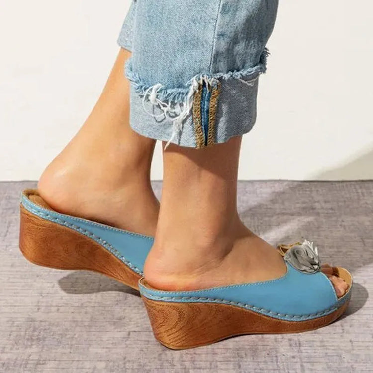 ⏰Last Day 70% OFF 🔥 Womens Comfy Leather Solid Flower Strap Wedge Sandals