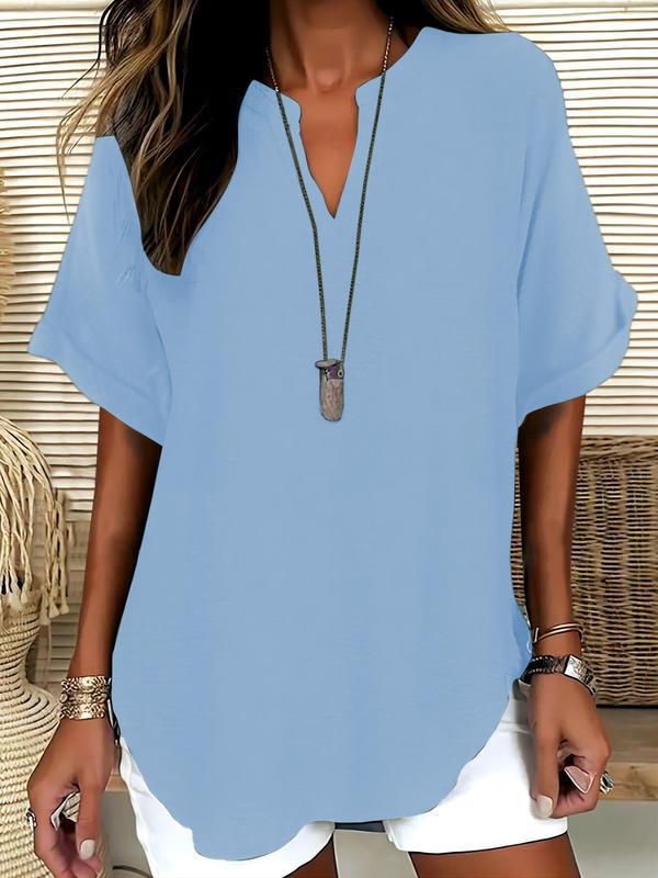🔥Simple short sleeve blouse for women, casual solid color top for everyday wear, women's clothing for all seasons