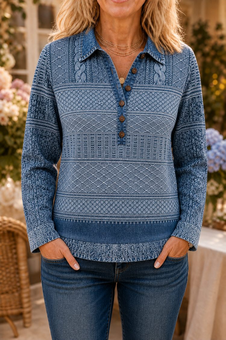 Layerlyn – Denim Patchwork Textured Knit Blouse