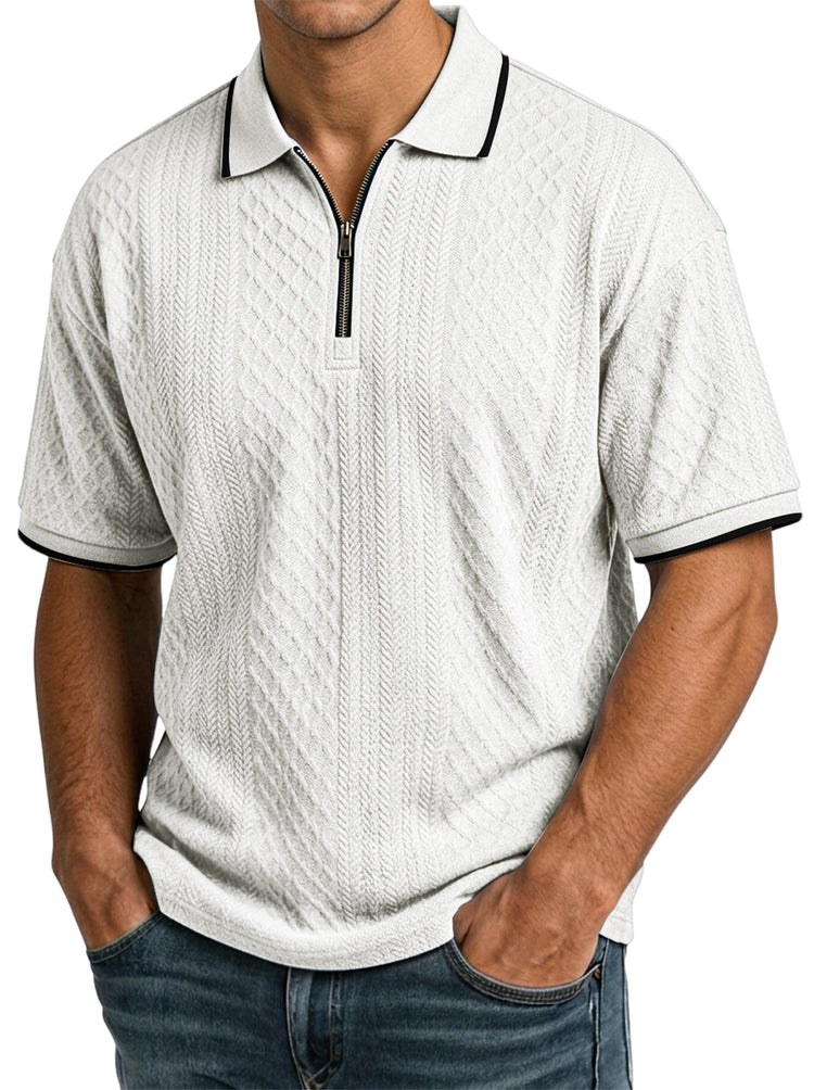 Men's casual, short-sleeved jacquard polo shirt with a structured collar and zip fastening - the comfortable polo shirt men wear again and again