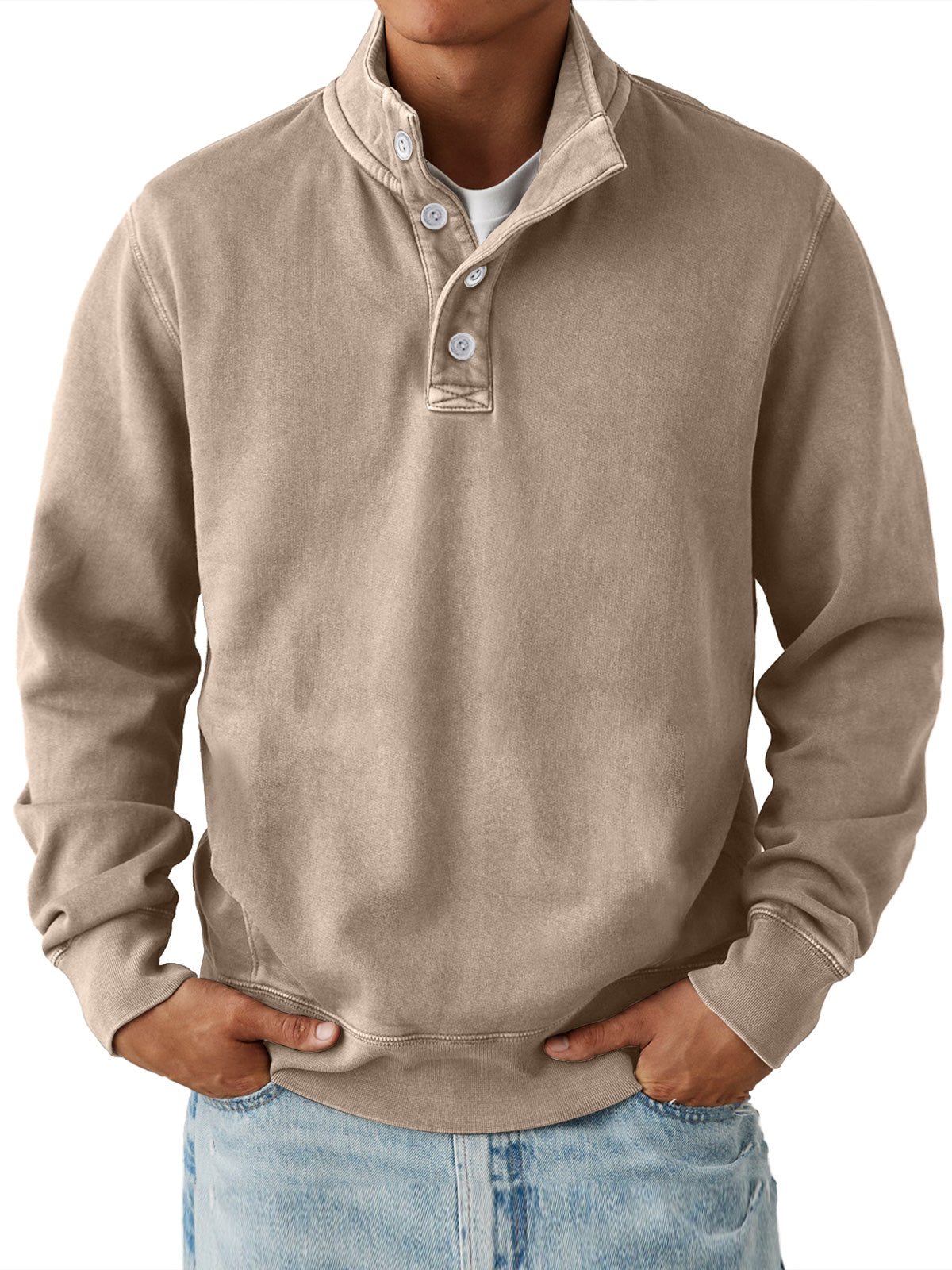 Men's Casual Stand Collar Button Solid Color Comfortable Sweatshirt