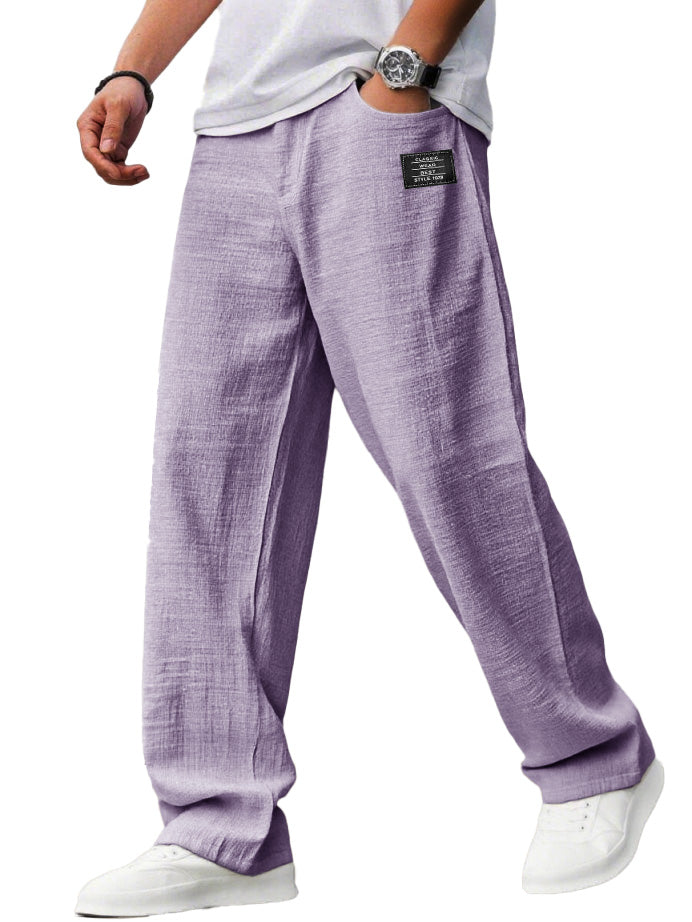 Men's casual hemp trousers with embroidered logo, drawstring, loose elastic waist and pockets